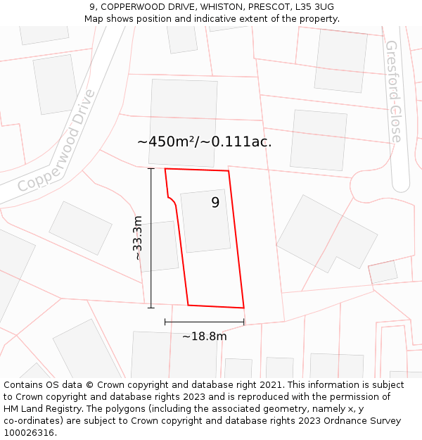9, COPPERWOOD DRIVE, WHISTON, PRESCOT, L35 3UG: Plot and title map