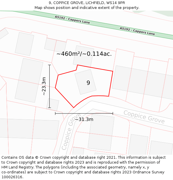 9, COPPICE GROVE, LICHFIELD, WS14 9PR: Plot and title map