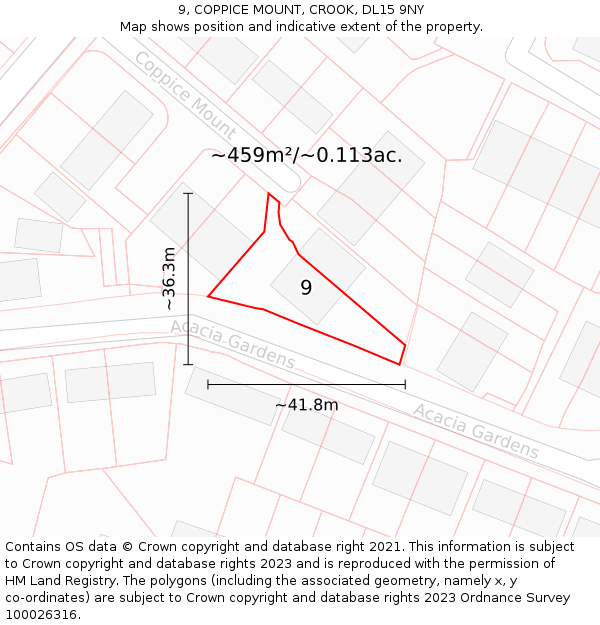 9, COPPICE MOUNT, CROOK, DL15 9NY: Plot and title map