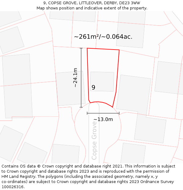 9, COPSE GROVE, LITTLEOVER, DERBY, DE23 3WW: Plot and title map