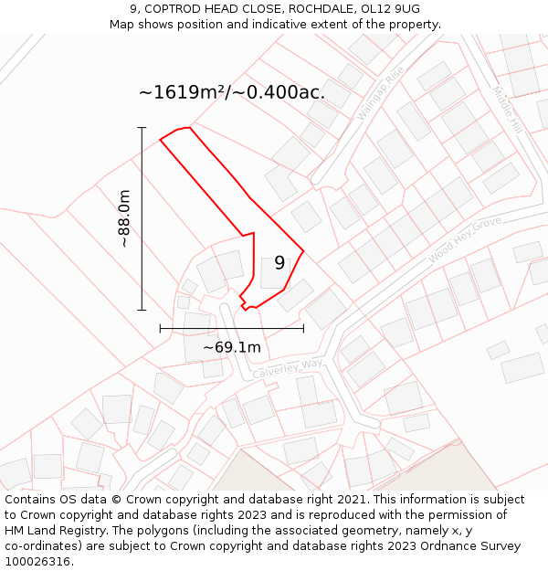 9, COPTROD HEAD CLOSE, ROCHDALE, OL12 9UG: Plot and title map
