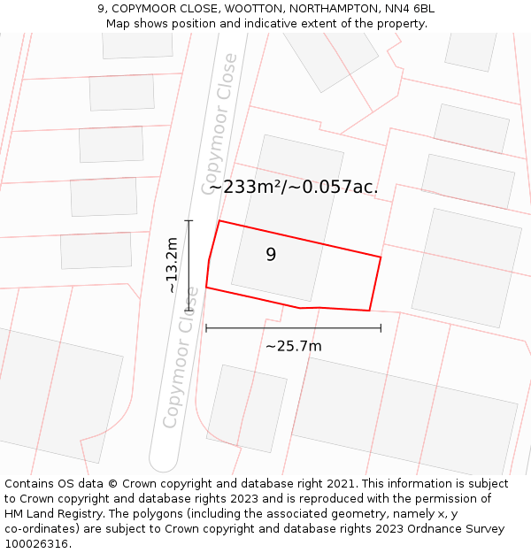 9, COPYMOOR CLOSE, WOOTTON, NORTHAMPTON, NN4 6BL: Plot and title map