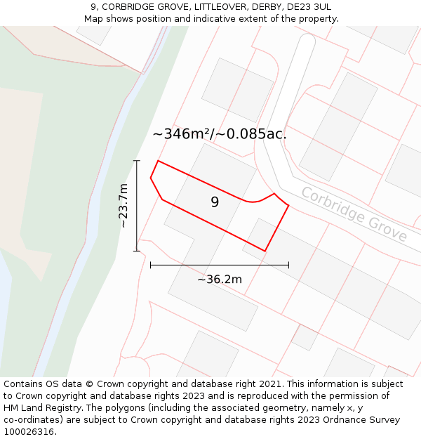 9, CORBRIDGE GROVE, LITTLEOVER, DERBY, DE23 3UL: Plot and title map