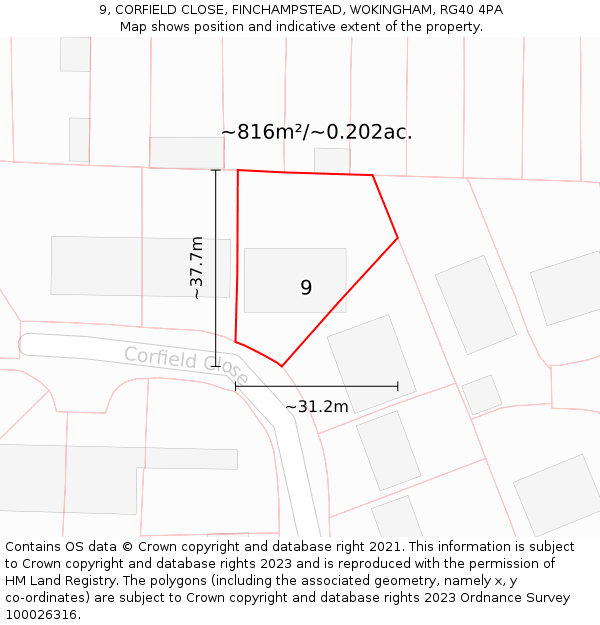 9, CORFIELD CLOSE, FINCHAMPSTEAD, WOKINGHAM, RG40 4PA: Plot and title map