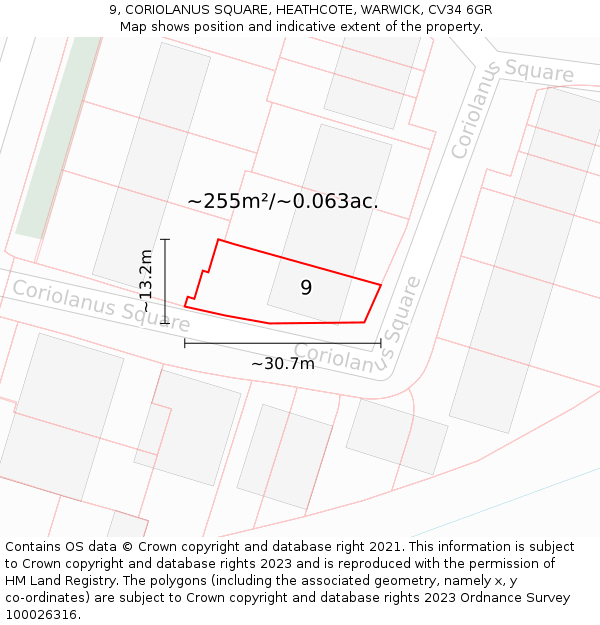 9, CORIOLANUS SQUARE, HEATHCOTE, WARWICK, CV34 6GR: Plot and title map