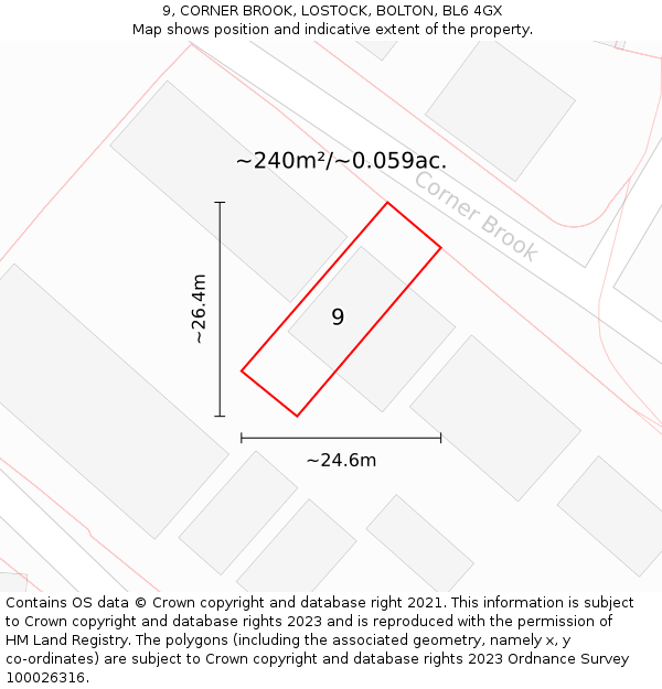 9, CORNER BROOK, LOSTOCK, BOLTON, BL6 4GX: Plot and title map