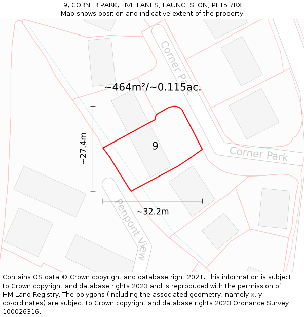 9, CORNER PARK, FIVE LANES, LAUNCESTON, PL15 7RX: Plot and title map