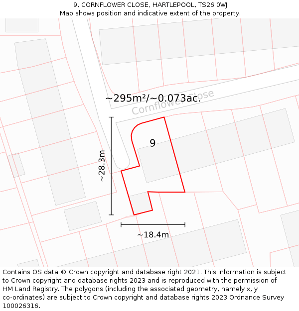 9, CORNFLOWER CLOSE, HARTLEPOOL, TS26 0WJ: Plot and title map