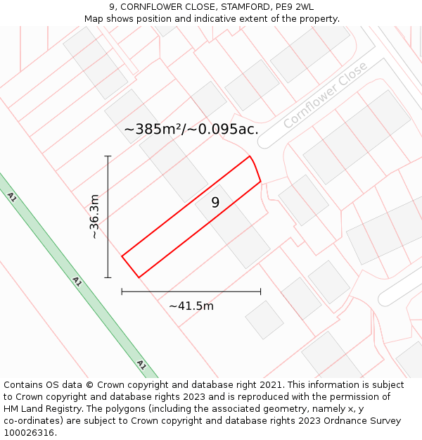 9, CORNFLOWER CLOSE, STAMFORD, PE9 2WL: Plot and title map