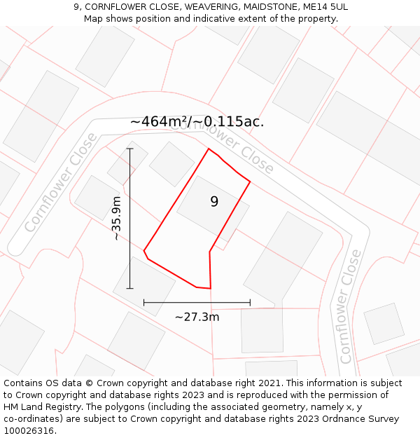 9, CORNFLOWER CLOSE, WEAVERING, MAIDSTONE, ME14 5UL: Plot and title map