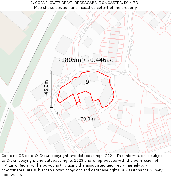 9, CORNFLOWER DRIVE, BESSACARR, DONCASTER, DN4 7DH: Plot and title map