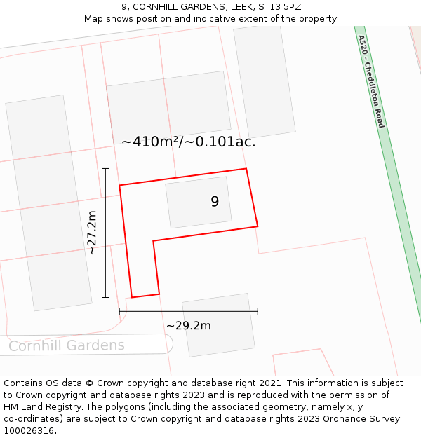 9, CORNHILL GARDENS, LEEK, ST13 5PZ: Plot and title map
