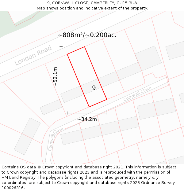 9, CORNWALL CLOSE, CAMBERLEY, GU15 3UA: Plot and title map