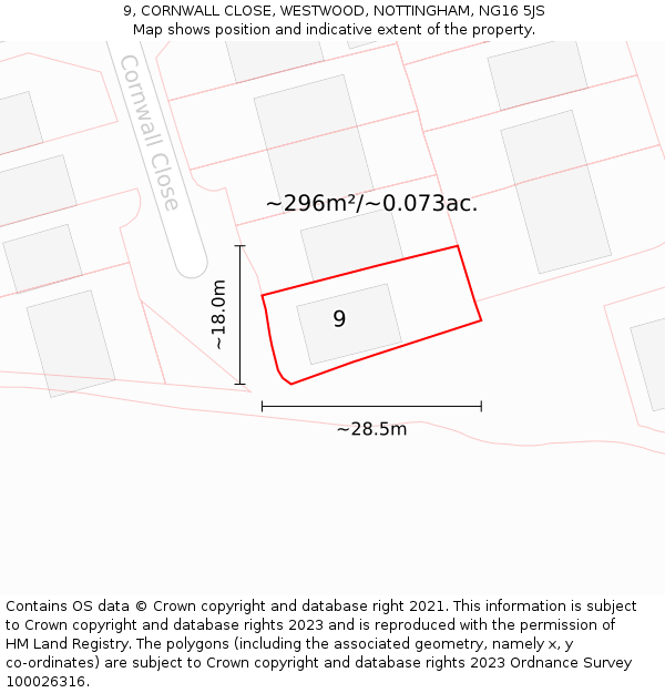 9, CORNWALL CLOSE, WESTWOOD, NOTTINGHAM, NG16 5JS: Plot and title map