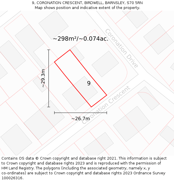 9, CORONATION CRESCENT, BIRDWELL, BARNSLEY, S70 5RN: Plot and title map
