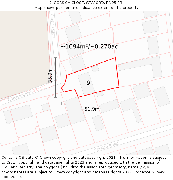 9, CORSICA CLOSE, SEAFORD, BN25 1BL: Plot and title map