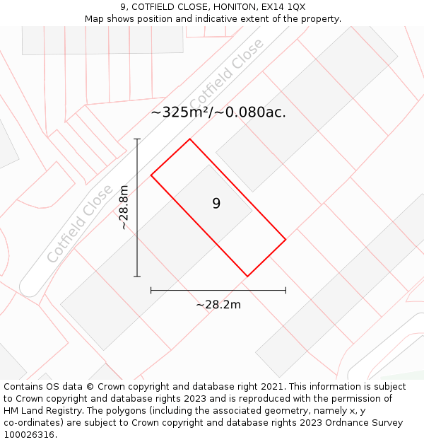 9, COTFIELD CLOSE, HONITON, EX14 1QX: Plot and title map