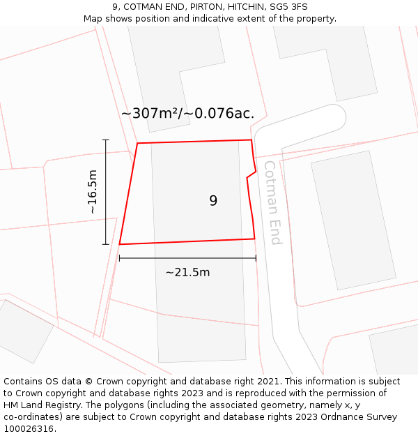 9, COTMAN END, PIRTON, HITCHIN, SG5 3FS: Plot and title map