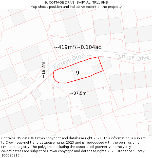 9, COTTAGE DRIVE, SHIFNAL, TF11 9HB: Plot and title map