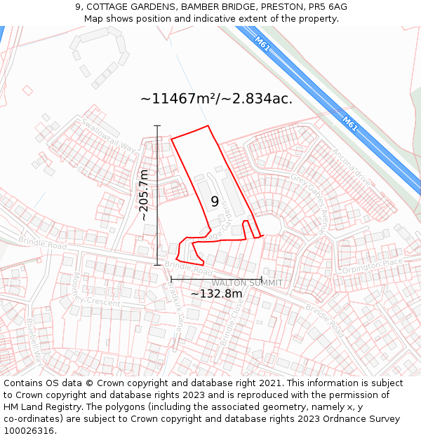 9, COTTAGE GARDENS, BAMBER BRIDGE, PRESTON, PR5 6AG: Plot and title map