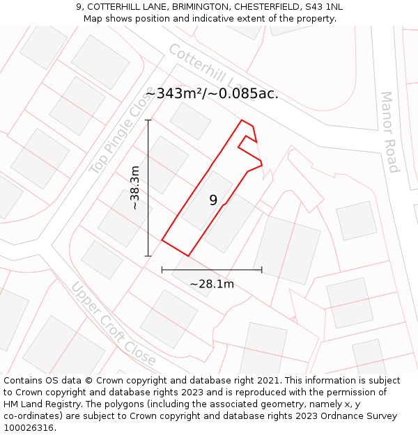 9, COTTERHILL LANE, BRIMINGTON, CHESTERFIELD, S43 1NL: Plot and title map