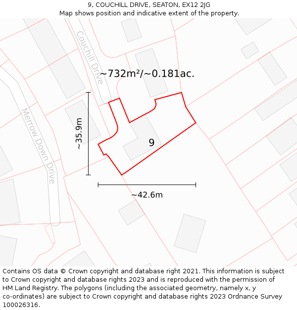 9, COUCHILL DRIVE, SEATON, EX12 2JG: Plot and title map