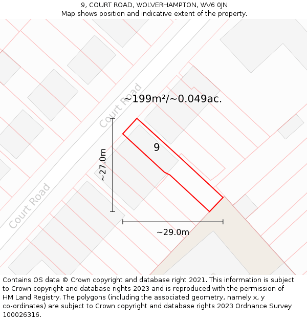 9, COURT ROAD, WOLVERHAMPTON, WV6 0JN: Plot and title map