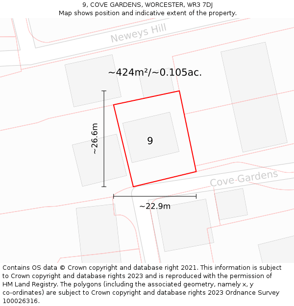 9, COVE GARDENS, WORCESTER, WR3 7DJ: Plot and title map