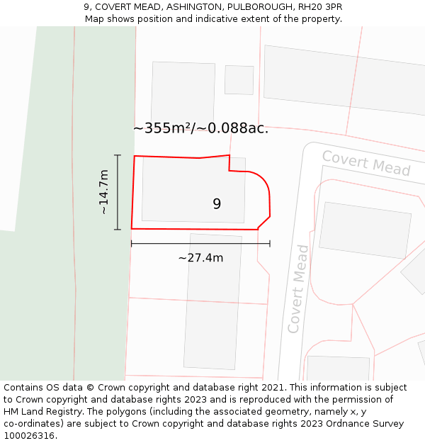 9, COVERT MEAD, ASHINGTON, PULBOROUGH, RH20 3PR: Plot and title map
