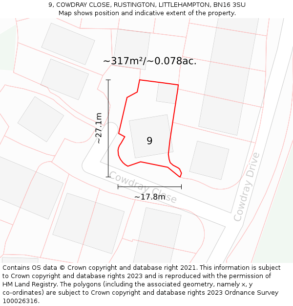 9, COWDRAY CLOSE, RUSTINGTON, LITTLEHAMPTON, BN16 3SU: Plot and title map