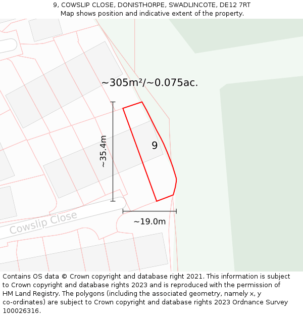9, COWSLIP CLOSE, DONISTHORPE, SWADLINCOTE, DE12 7RT: Plot and title map