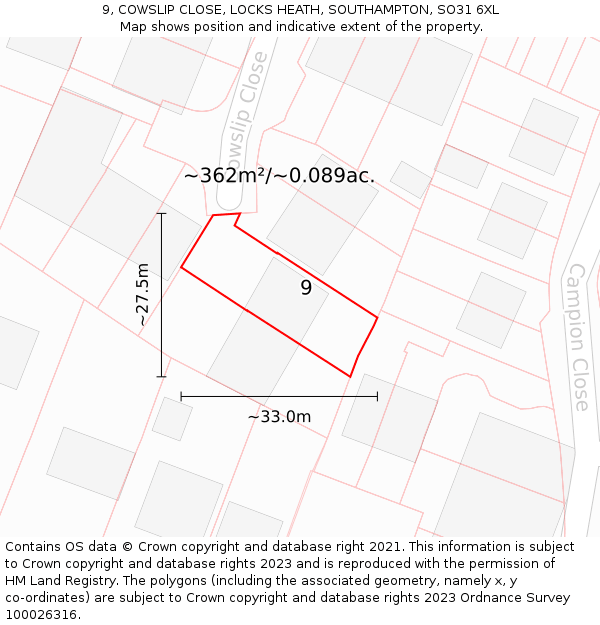 9, COWSLIP CLOSE, LOCKS HEATH, SOUTHAMPTON, SO31 6XL: Plot and title map
