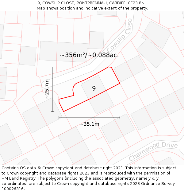 9, COWSLIP CLOSE, PONTPRENNAU, CARDIFF, CF23 8NH: Plot and title map