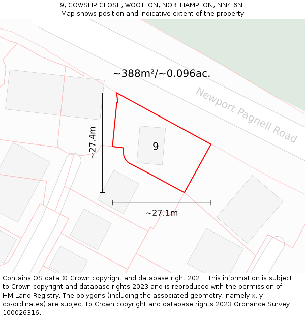 9, COWSLIP CLOSE, WOOTTON, NORTHAMPTON, NN4 6NF: Plot and title map