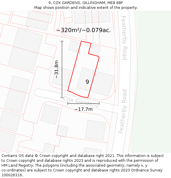 9, COX GARDENS, GILLINGHAM, ME8 6BF: Plot and title map