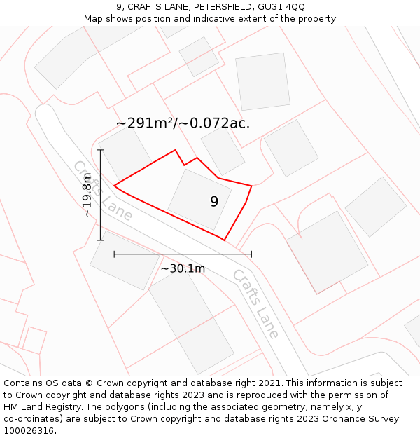 9, CRAFTS LANE, PETERSFIELD, GU31 4QQ: Plot and title map