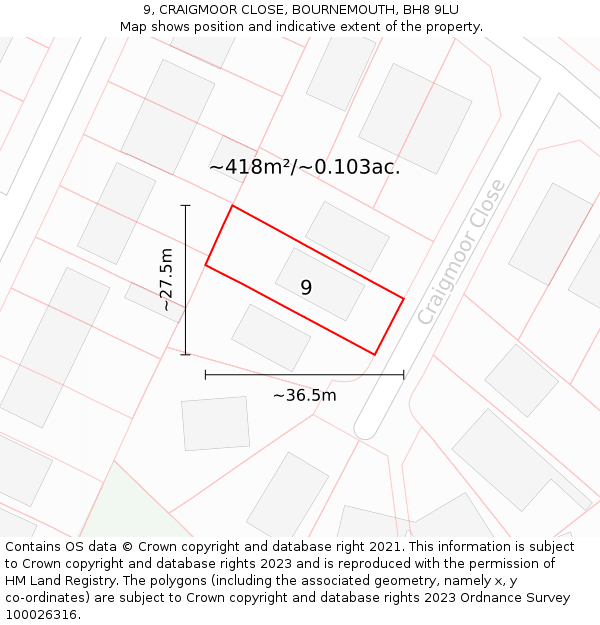 9, CRAIGMOOR CLOSE, BOURNEMOUTH, BH8 9LU: Plot and title map