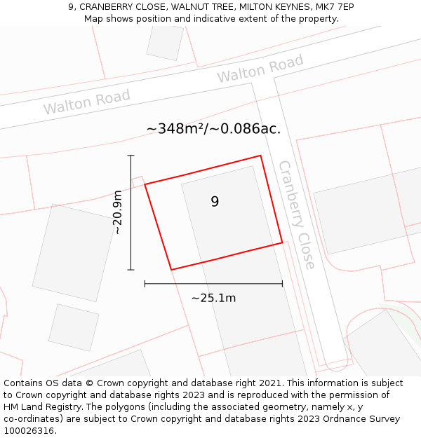 9, CRANBERRY CLOSE, WALNUT TREE, MILTON KEYNES, MK7 7EP: Plot and title map