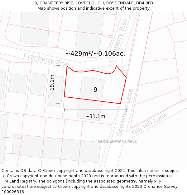 9, CRANBERRY RISE, LOVECLOUGH, ROSSENDALE, BB4 8FB: Plot and title map