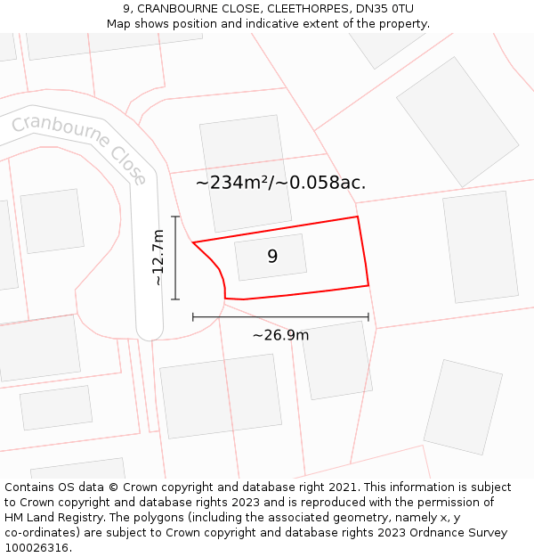 9, CRANBOURNE CLOSE, CLEETHORPES, DN35 0TU: Plot and title map
