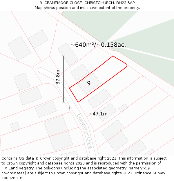 9, CRANEMOOR CLOSE, CHRISTCHURCH, BH23 5AP: Plot and title map