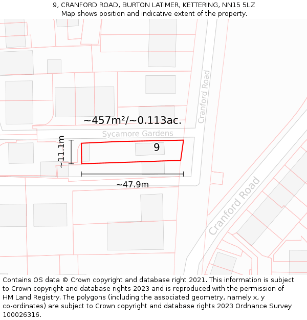 9, CRANFORD ROAD, BURTON LATIMER, KETTERING, NN15 5LZ: Plot and title map