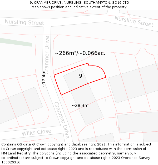 9, CRANMER DRIVE, NURSLING, SOUTHAMPTON, SO16 0TD: Plot and title map
