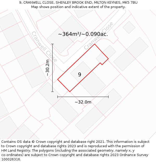 9, CRANWELL CLOSE, SHENLEY BROOK END, MILTON KEYNES, MK5 7BU: Plot and title map