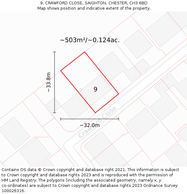 9, CRAWFORD CLOSE, SAIGHTON, CHESTER, CH3 6BD: Plot and title map