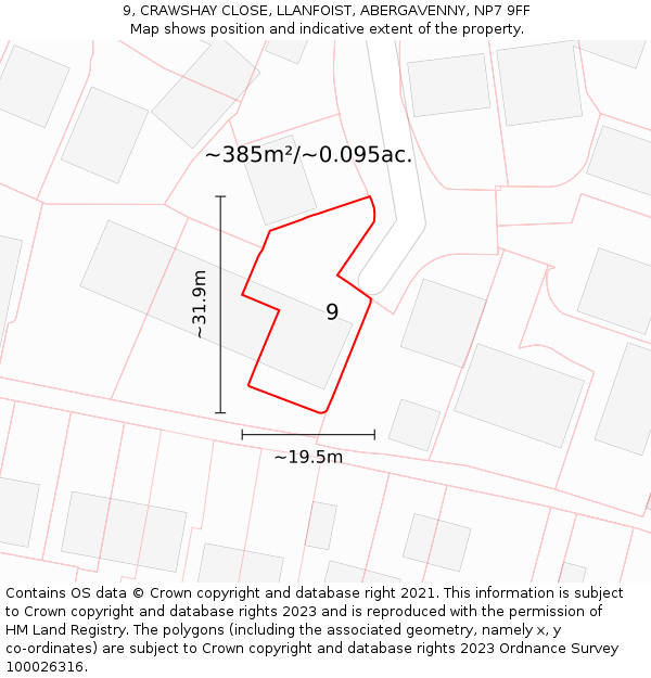 9, CRAWSHAY CLOSE, LLANFOIST, ABERGAVENNY, NP7 9FF: Plot and title map