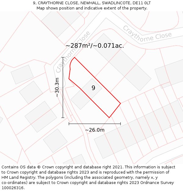 9, CRAYTHORNE CLOSE, NEWHALL, SWADLINCOTE, DE11 0LT: Plot and title map