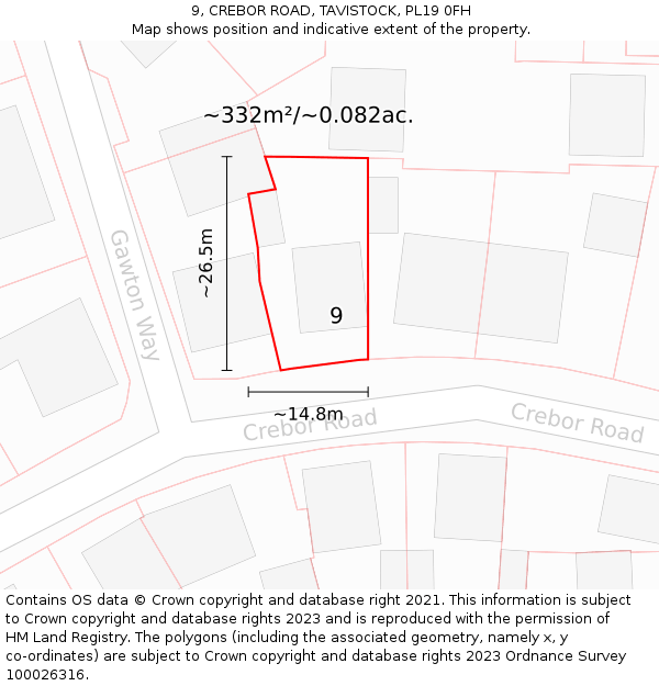 9, CREBOR ROAD, TAVISTOCK, PL19 0FH: Plot and title map