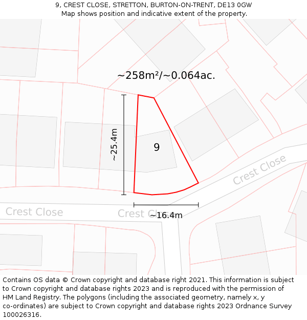 9, CREST CLOSE, STRETTON, BURTON-ON-TRENT, DE13 0GW: Plot and title map