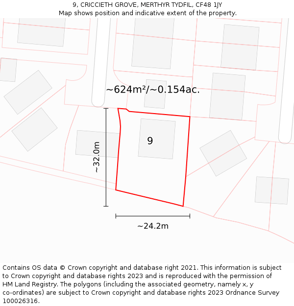 9, CRICCIETH GROVE, MERTHYR TYDFIL, CF48 1JY: Plot and title map